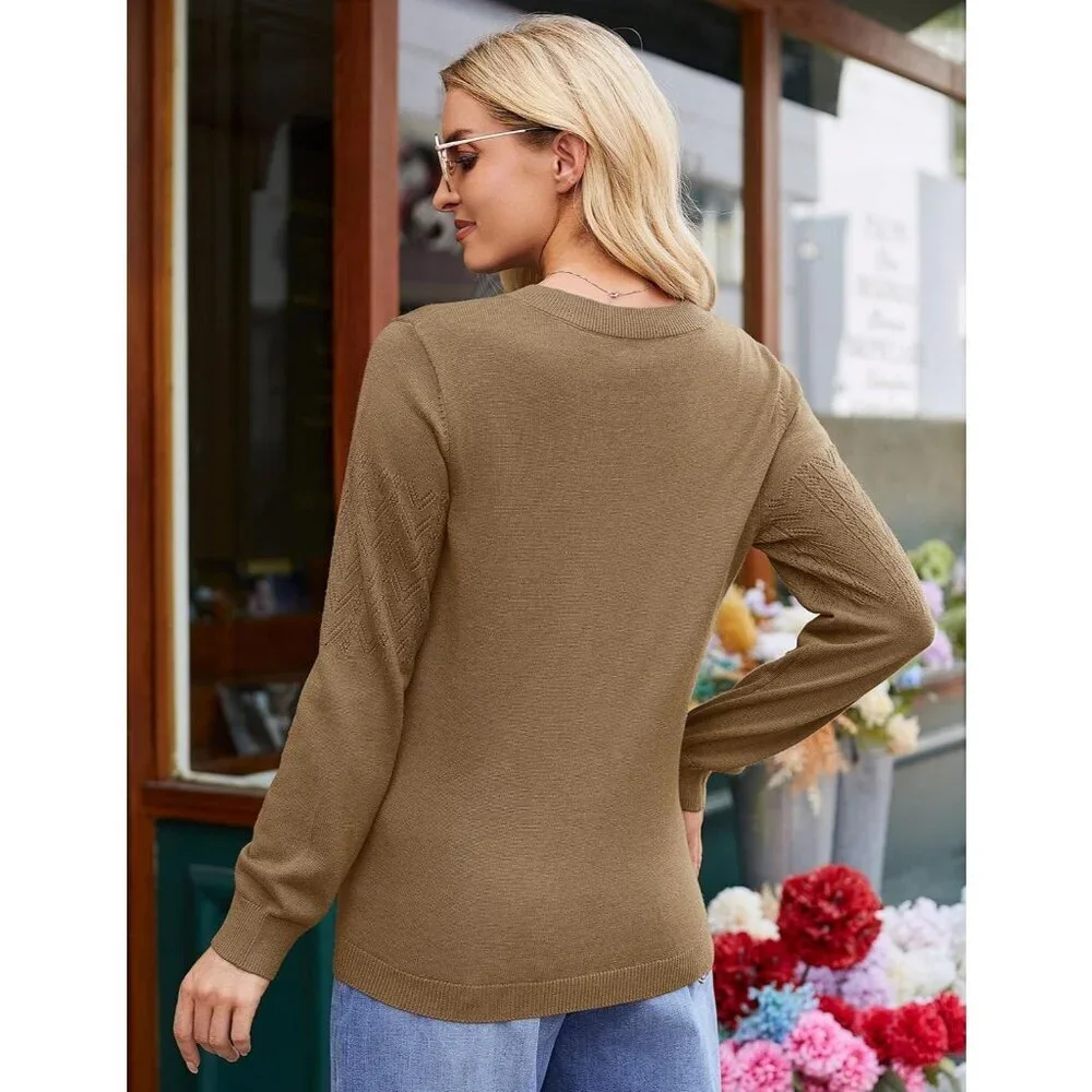Women's Camel Wool Long Sleeve Crochet Pullover V Neck Lightweight Sweater - Picture 4 of 7